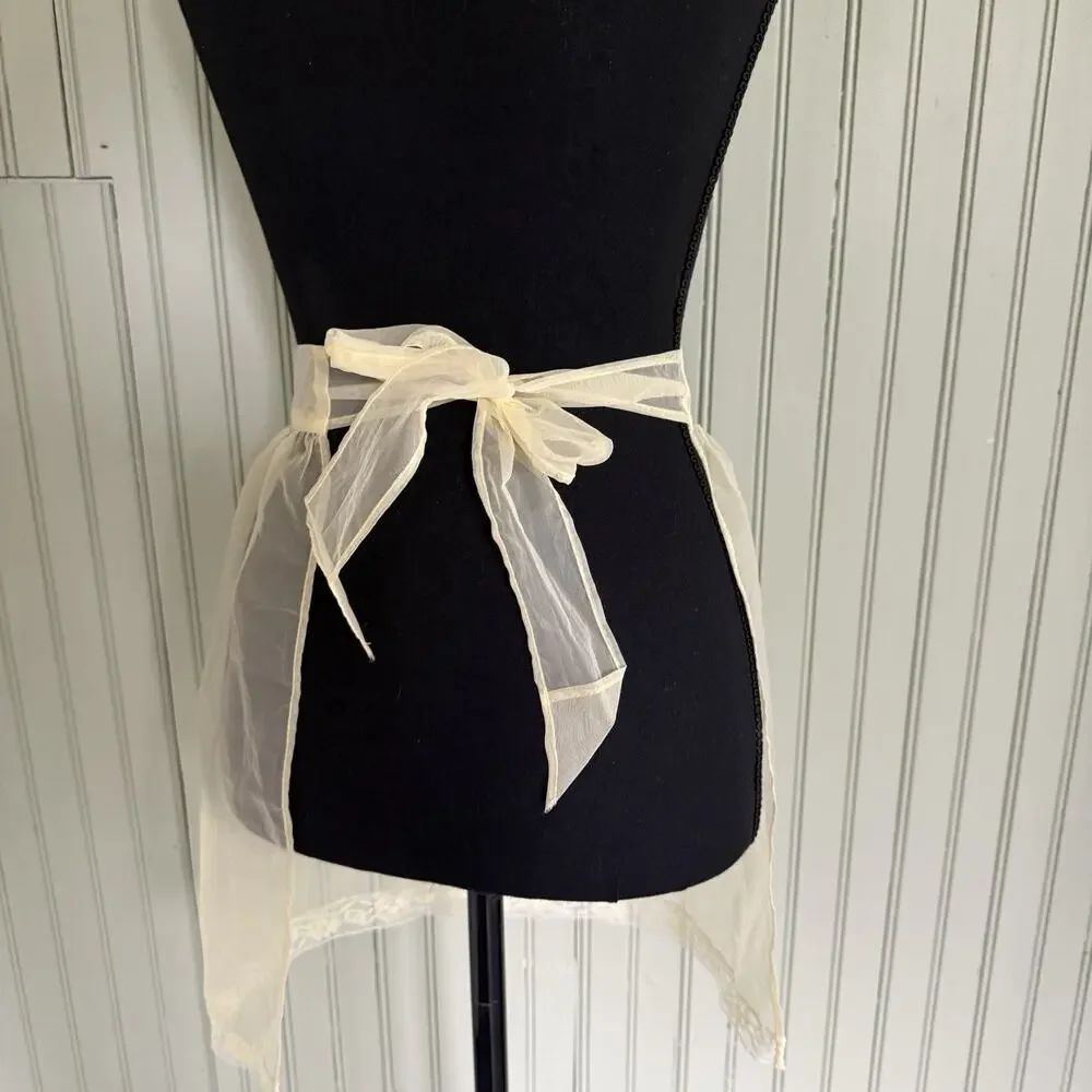 Vtg Hostess Half Apron Sheer Yellow MCM 50s Pocket Retro Tie Trad Cottage Lace